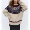 imagechouyatou Womens Warm Tribal Aztec Floral Sweater Top Crewneck Loose Fit Fair Isle Boho Knit SweatersBeige