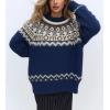 imagechouyatou Womens Warm Tribal Aztec Floral Sweater Top Crewneck Loose Fit Fair Isle Boho Knit SweatersDark Blue