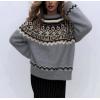 imagechouyatou Womens Warm Tribal Aztec Floral Sweater Top Crewneck Loose Fit Fair Isle Boho Knit SweatersGrey