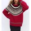 imagechouyatou Womens Warm Tribal Aztec Floral Sweater Top Crewneck Loose Fit Fair Isle Boho Knit SweatersRed