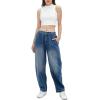 imagechouyatou Womens Wide Leg Barrel Jeans Button Fly High Waist Relax Fit Baggy Washed Denim Pants with PocketsDark Blue