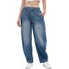 imagechouyatou Womens Wide Leg Barrel Jeans Button Fly High Waist Relax Fit Baggy Washed Denim Pants with PocketsDark Blue