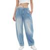 imagechouyatou Womens Wide Leg Barrel Jeans Button Fly High Waist Relax Fit Baggy Washed Denim Pants with PocketsLight Blue