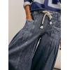 imagechouyatou Womens Wide Leg Drawstring Jeans Elastic Waist Baggy Jeans Boyfriend Loose Harem Denim Pants with PocketsDark Blue