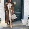 imagechouyatou Womens Winter Faux Suede Leather Long Trench Coat Notch Lapel Sherpa Lined Fleece OvercoatLight Brown