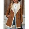 imagechouyatou Womens Winter Notch Lapel Double Breasted Peacoat Sherpa Fleece Lined Faux Suede Jacket CoatBrown