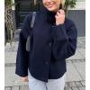 imagechouyatou Womens Winter Stand Collar Crop Wool Coat Single Breasted Short Blazer Jacket Coat OuterwearNavy Blue