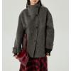 imagechouyatou Womens Winter Stand Collar Wool Trench Coat Single Breasted Blazer Jacket Coat Loose OuterwearGrey
