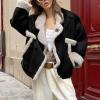 imagechouyatou Womens Winter Thicken Faux Suede Leather Jacket Coat Notch Lapel Sherpa Lined Fleece OuterwearBlack