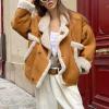 imagechouyatou Womens Winter Thicken Faux Suede Leather Jacket Coat Notch Lapel Sherpa Lined Fleece OuterwearBrown