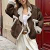 imagechouyatou Womens Winter Thicken Faux Suede Leather Jacket Coat Notch Lapel Sherpa Lined Fleece OuterwearCoffee