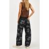 imagechouyatou Womens Y2k Baggy Wide Leg Denim Pants Boho Floral Printed Boyfriend Barrel Jeans with PocketsFlower Black