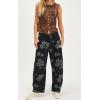 imagechouyatou Womens Y2k Baggy Wide Leg Denim Pants Boho Floral Printed Boyfriend Barrel Jeans with PocketsFlower Black