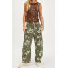 imagechouyatou Womens Y2k Baggy Wide Leg Denim Pants Boho Floral Printed Boyfriend Barrel Jeans with PocketsGreen