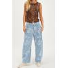 imagechouyatou Womens Y2k Baggy Wide Leg Denim Pants Boho Floral Printed Boyfriend Barrel Jeans with PocketsLight Blue
