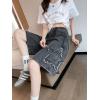 imagechouyatou Womens Y2k Star Patchwork Denim Shorts High Elastic Waist Wide Leg Bermuda Jean Shorts with PocketsBlack