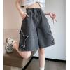imagechouyatou Womens Y2k Star Patchwork Denim Shorts High Elastic Waist Wide Leg Bermuda Jean Shorts with PocketsBlack