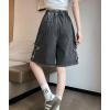 imagechouyatou Womens Y2k Star Patchwork Denim Shorts High Elastic Waist Wide Leg Bermuda Jean Shorts with PocketsBlack