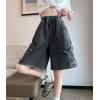 imagechouyatou Womens Y2k Star Patchwork Denim Shorts High Elastic Waist Wide Leg Bermuda Jean Shorts with PocketsBlack