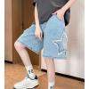 imagechouyatou Womens Y2k Star Patchwork Denim Shorts High Elastic Waist Wide Leg Bermuda Jean Shorts with PocketsBlue