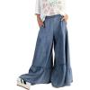 imagechouyatou Women 2025 Fashion Ruffle Wide Leg Jeans Baggy Elastic Waist Palazzo Jean Trousers Denim PantsBlue