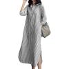 imagechouyatou Women Casual Long Sleeve V Neck Striped Shift Dress Loose Long Maxi Cotton Shirt Dress with PocketBlack