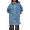 imagechouyatou Women Fall Western Utility Jean Jacket Oversized Distressed Y2K Long Denim Jacket Trench CoatLight Blue