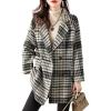 imagechouyatou Women Winter Notch Lapel Wool Blazer Trench Coat Plaid Double Breasted Business Causal PeacoatGrey