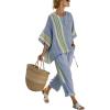 imagechouyatou Womens 2 Piece Outfits Linen Short Sleeve Tops and Elastic Waist Crop Wide Leg Pants Lounge SetsBlue