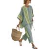 imagechouyatou Womens 2 Piece Outfits Linen Short Sleeve Tops and Elastic Waist Crop Wide Leg Pants Lounge SetsGreen