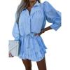imagechouyatou Womens 2 Piece Outfits Striped Button Down Shirt Ruffled Pleated Mini Skirt Matching SetBlue