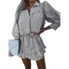imagechouyatou Womens 2 Piece Outfits Striped Button Down Shirt Ruffled Pleated Mini Skirt Matching SetGray