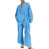 imagechouyatou Womens 2 Piece Striped Lounge Set Oversized Shirt and Wide Leg Cropped Pant Matching SetsBlue