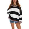 imagechouyatou Womens 2025 Color Block Striped Sweaters Crewneck Long Sleeve Casual Oversized Knitted Sweater TopsBlack and White