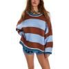 imagechouyatou Womens 2025 Color Block Striped Sweaters Crewneck Long Sleeve Casual Oversized Knitted Sweater TopsBlue and Brown