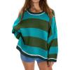 imagechouyatou Womens 2025 Color Block Striped Sweaters Crewneck Long Sleeve Casual Oversized Knitted Sweater TopsGreen