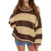 imagechouyatou Womens 2025 Color Block Striped Sweaters Crewneck Long Sleeve Casual Oversized Knitted Sweater TopsKhaki and Brown