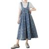 imagechouyatou Womens Boho Floral Embroidery Denim Overall Dress ALine Tie Knot Back Midi Long Jean Jumper DressBlue