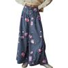 imagechouyatou Womens Boho Wide Leg Floral Denim Pants Pleated Elastic Waist Drawstring Palazzo JeansBlue