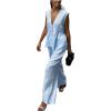 imagechouyatou Womens Casual 2 Piece Outfits Peplum Ruffle Tank Top Wide Leg Long Palazzo Pants Matching SetLight Blue
