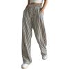 imagechouyatou Womens Casual Striped Wide Leg Pants Drawstring Elastic Waist Dress Palazzo Pants with PocketsBlack