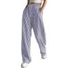 imagechouyatou Womens Casual Striped Wide Leg Pants Drawstring Elastic Waist Dress Palazzo Pants with PocketsBlue