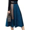 imagechouyatou Womens Color Block Faux Suede Leather ALine Midi Long Skirt Sexy High Waisted Skater SkirtBlue