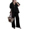 imagechouyatou Womens Cotton Linen 2 Piece Outfits Puff Short Sleeve Top Wide leg Long Palazzo Pants Matching SetBlack