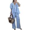 imagechouyatou Womens Cotton Linen 2 Piece Outfits Puff Short Sleeve Top Wide leg Long Palazzo Pants Matching SetLight Blue