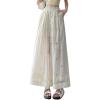 imagechouyatou Womens Eyelet Embroidery Wide Leg Pants Elastic Waist Capri Palazzo Pants Baggy Culottes with PocketsApricot