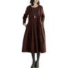 imagechouyatou Womens Fall Babydoll Corduroy Dress Long Sleeve Pleated Pullover Midi Dresses with PocketsBrown
