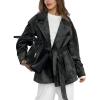 imagechouyatou Womens Fall Boyfriend Faux Suede Leather Jacket Notch Lapel Belted Midi Long Shacket CoatDark Grey