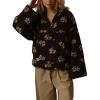imagechouyatou Womens Fall Cute Floral Faux Fur Pullover Fleece Sweatshirt Y2k Casual Zip Up Winter Sherpa JacketCoffee