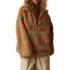 imagechouyatou Womens Fall Cute Floral Faux Fur Pullover Fleece Sweatshirt Y2k Casual Zip Up Winter Sherpa JacketGreen Orange